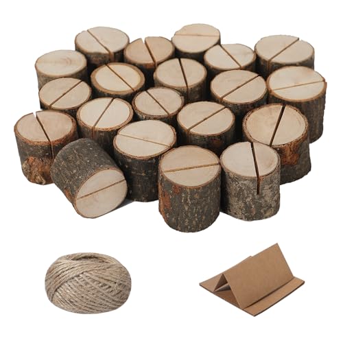 Worown 20 Stück Kartenhalter Holz, Menükartenhalter, Fotohalter Holz ,Tischnummernhalter mit 20 Kraftpapier Tischkarten und 30 Meter DIY hanfseil für Kaffeebar, Hochzeits von Worown