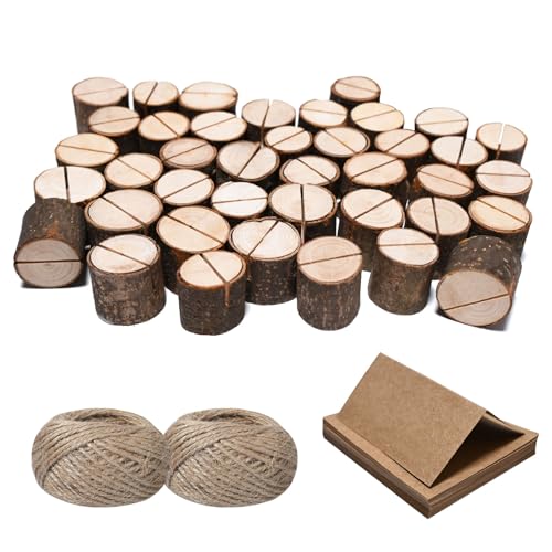 Worown 40 Stück Zylindrischer Kartenhalter Holz, Menükartenhalter, Tischkartenhalter, Tischnummernhalter mit 40 Kraftpapier Tischkarten und 60M DIY hanfseil für Kaffeebar, Hochzeits, Foto von Worown