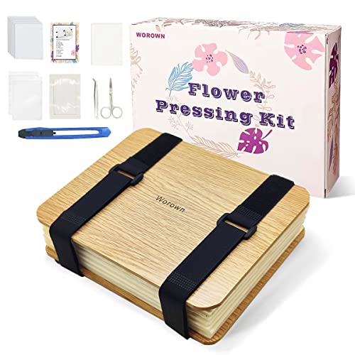 Worown Blumenpresse-Set Profi (16x21cm) • 6 Schichten Blütenpresse aus Naturholz • Mit Anleitung & Geschenkbox • Für DIY Herbarium, Basteln mit Kindern (Braun) von Worown