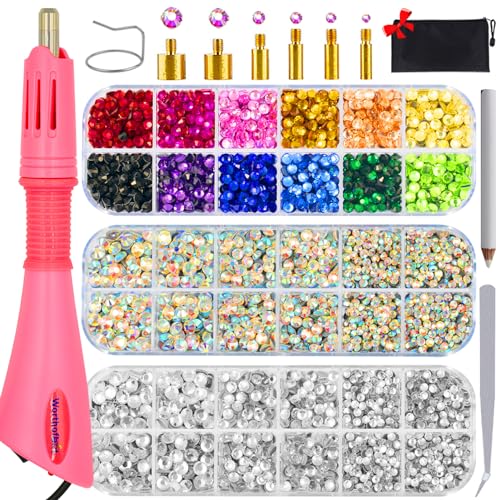 Worthofbest Hotfix Strass Setter, Hot Fix Applikator Tool Bedazzler Kit mit Strasssteinen, Kit, Hot Fixed Wand für Kleidung Kleidung Stoff Handwerk, 5000 Stück, AB Kristall, klar, 3 Edelsteingrößen, von Worthofbest