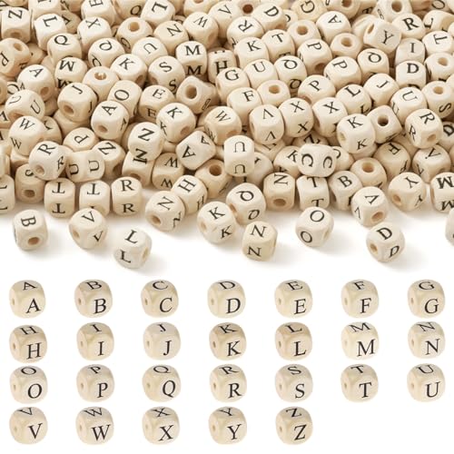 Buchstaben Perlen Holz, 400 Stück Quadratische Holz mit Buchstaben, 10MM Hölzerne Buchstabenperlen, Holzbuchstaben Perlen, Natur Holz zum Basteln mit Buchstaben für Handwerk von WoskjXas