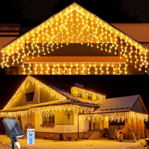 Solar Lichterkette Aussen, 5M Wasserdichte Vorhang Lichter 8 Modes 128 LEDs Eiszapfen Lichter 16 Pcs String Lichter mit Fernbedienung für Hof Garten Hochzeit Party Hausdach Weihnachtsdekoration von WoskjXas