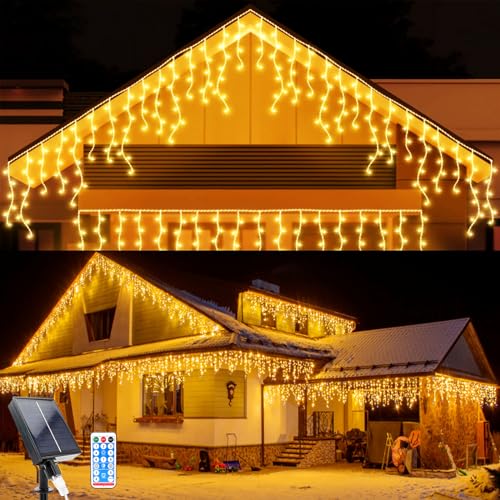 Solar Lichterkette Aussen, 8M Wasserdichte Vorhang Lichter 8 Modes 264 LEDs Eiszapfen Lichter 44 Pcs String Lichter mit Fernbedienung für Hof Garten Hochzeit Party Hausdach Weihnachtsdekoration von WoskjXas