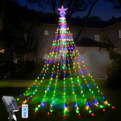 Weihnachtsbaum Lichter Wasserfall, 9 Stücke 2M 198LEDs Solar Weihnachten Stern Topper Licht mit Fernbedienung, 8 Modi Weihnachten Dekoration Stern Licht Wasserdicht für Weihnachten von WoskjXas