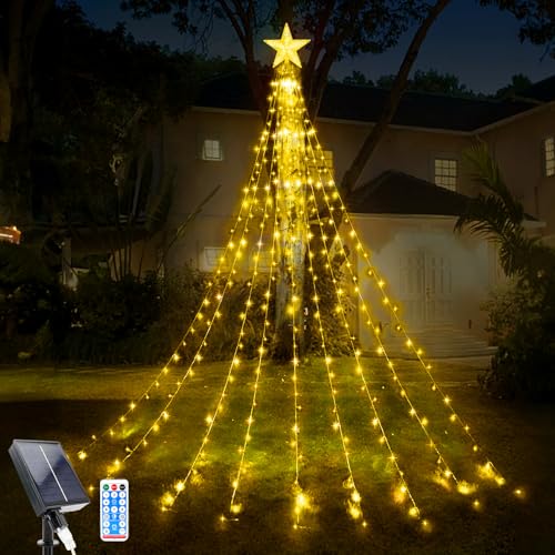 Weihnachtsbaum Lichter Wasserfall, 9 Stücke 2M 198LEDs Solar Weihnachten Stern Topper Licht mit Fernbedienung, 8 Modi Weihnachten Dekoration Stern Licht Wasserdicht für Weihnachten von WoskjXas