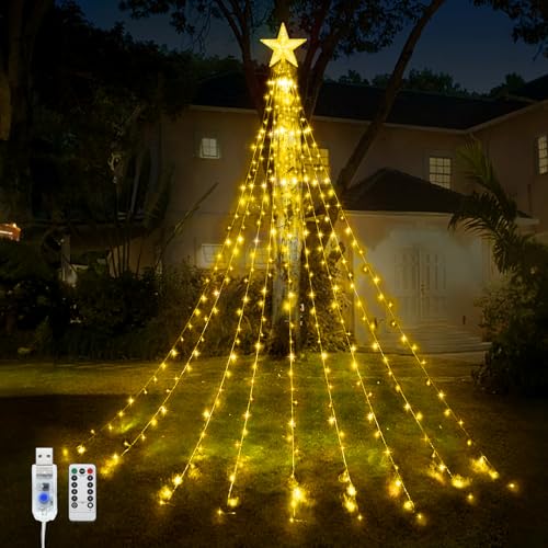 Weihnachtsbaum Lichter Wasserfall, 9 Stücke 2M 198LEDs USB Weihnachten Stern Topper Licht mit Fernbedienung, 8 Modi Weihnachten Dekoration Stern Licht Wasserdicht für Weihnachten von WoskjXas