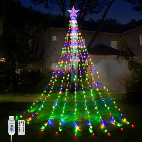 Weihnachtsbaum Lichter Wasserfall, 9 Stücke 2M 198LEDs USB Weihnachten Stern Topper Licht mit Fernbedienung, 8 Modi Weihnachten Dekoration Stern Licht Wasserdicht für Weihnachten von WoskjXas