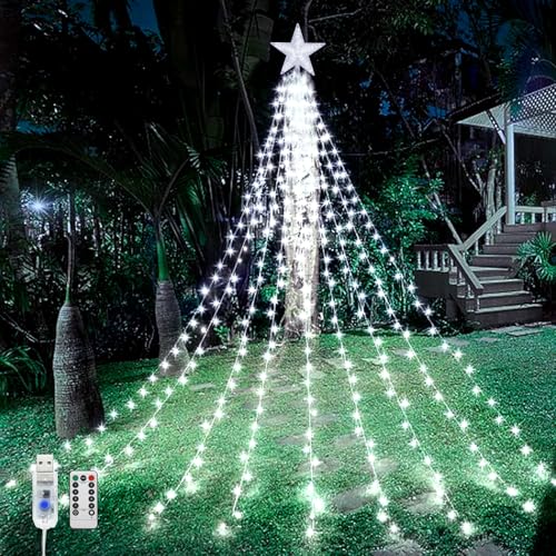 Weihnachtsbaum Lichter Wasserfall, 9 Stücke 2M 198LEDs USB Weihnachten Stern Topper Licht mit Fernbedienung, 8 Modi Weihnachten Dekoration Stern Licht Wasserdicht für Weihnachten von WoskjXas