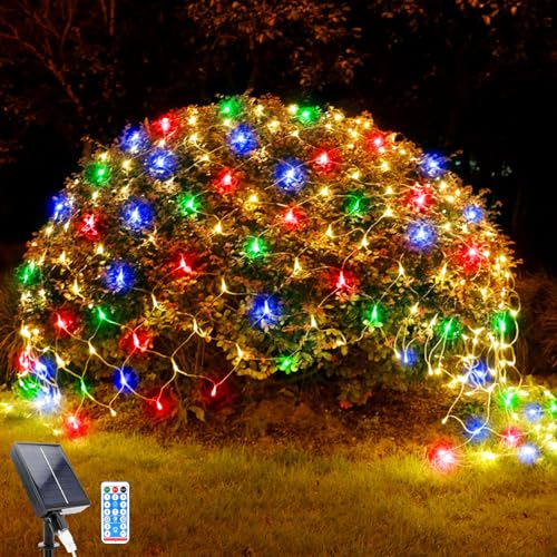 WoskjXas Lichternetz Solarleuchten Außen, 96 LEDs, 1,5 x 1,5 M Lichterkette Netz mit 8 Modi, Wasserdichte Baum Lichterkette, Design für Garten, Balkon, Zaun und Weihnachtsdeko (1.5M*1.5M, Bunt) von WoskjXas