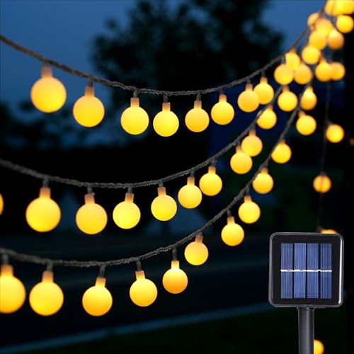 WoskjXas Solar Abrazin Lichterkette, 12m 100LEDs Solar Dekorative Lichter für den Außen Bereich, LED Außen Lichterkette mit 8 Blinkmodi, Wasserdichte Garten Beleuchtung für Hof Garten Bar von WoskjXas