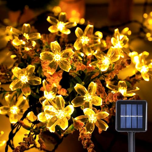 WoskjXas Solar Blumen Lichterkette, 12m 100LEDs Solar Dekorative Lichter für den Außen Bereich, LED Außen Lichterkette mit 8 Blinkmodi, Wasserdichte Garten Beleuchtung für Hof Garten Bar von WoskjXas