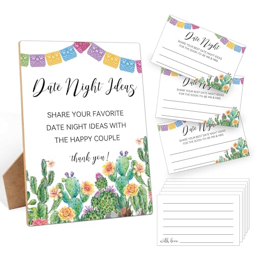 Date Night Ideen für Paare, Brautdusche Spiele Datum Nacht Schild, 1 Holzschild mit 50 Karten, Mexikanische Fiesta Wünsche Ratschläge Spiel für Hochzeit, Junggesellinnenabschied, Verlobungsdekoration von Woukaup