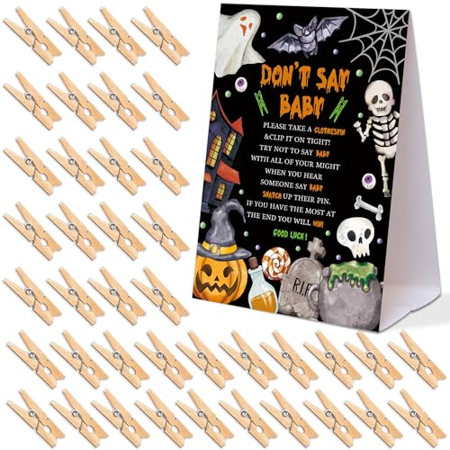 Don't Say Baby Wäscheklammer-Spiele-Schild, Halloween-Thema, Babyparty-Spiele, 1 Schild mit 50 Mini-Wäscheklammern, Halloween-Partyspiel, Aktivität für Babyparty, Geschlechtsoffenbarung, Partyzubehör, von Woukaup