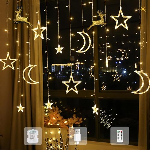 Woukksy LED Lichterkette für Weihnachtsdeko 2024 3.5m Stern Mond Lichtervorhang Batterie/USB mit Timer, Weihnachtsbeleuchtung Fenster Innen Aussen für Balkon, Party, Kinderzimmer Halloween Dekoration von Woukksy