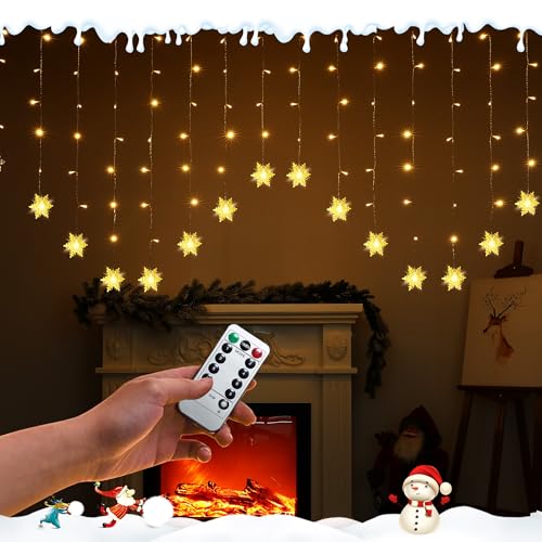 Woukksy Schneeflocken Lichtervorhang 2x1m Lichterkette vorhang Fenster USB/Batterie Weihnachtsbeleuchtung IP44, Warmweiß Lichterkettenvorhang mit Timer für Balkon, kinderzimmer Weihnachten Deko von Woukksy