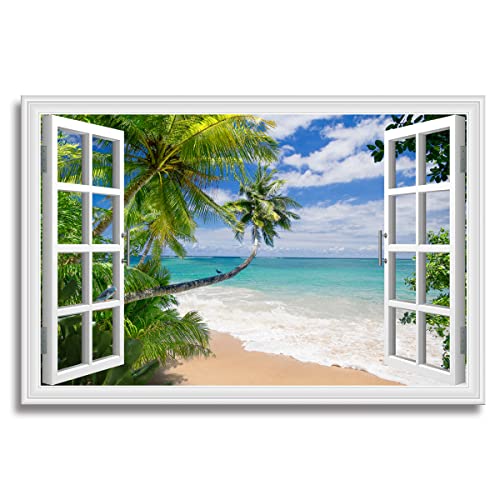 Fenster Strand Bild Leinwand Wandkunst Palme Gefälschtes offenes Fenster Landschaft Druck mit gerahmtem Ozean Foto Dekor für Zuhause Blaugrün Wände Größe 91 x 61 cm von Woxfcart