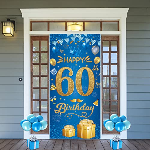 60. Geburtstag Dekoration Banner Hintergrund - 60. Geburtstag Deko für Frauen Männer Blau und Gold 60. Geburtstagsbanner Fotohintergrund Geburtstagsdeko Happy Birthday Deco Party Zubehör,185 x 90cm von Woyamay