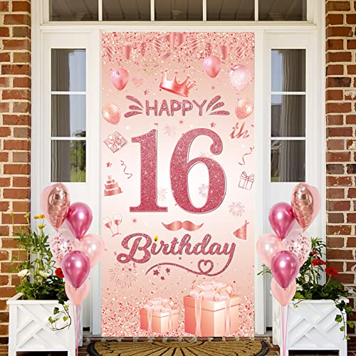 Woyamay 16. Geburtstagsdeko Banner Hintergrund - 16. Deko Geburtstag für Mädchen Roségold 16. Geburtstagsbanner Fotohintergrund Geburtstag Dekoration Happy Birthday Deco Party Zubehör,185 x 90cm von Woyamay