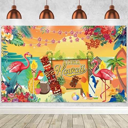 Woyamay Aloha Hawaii Deko Hintergrund Banner, Hawaiian Aloha Party Dekorationen, Flamingo Deko Fotohintergrund für Beach Party Deko, Tropische Strand deko Party Banner für Sommer Deko, 185 * 110 cm von Woyamay