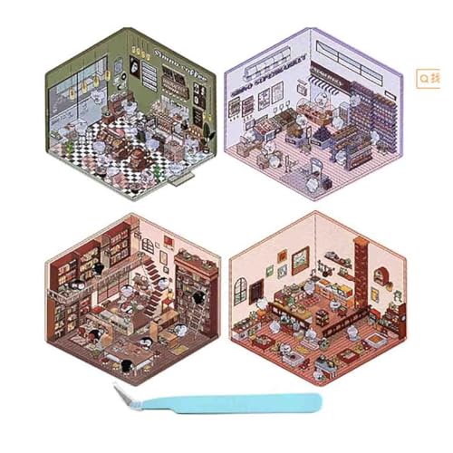 Wozad 4 Sets DIY 3D House Stickers, 3D Stickers, Fun DIY Stickers Scene Make Your Own Supermarket,Coffee Shop,Restaurant,Bookstore,Cute Korean Cartoon Scene Stickers for Adult Kids,Scene Stickers von Wozad