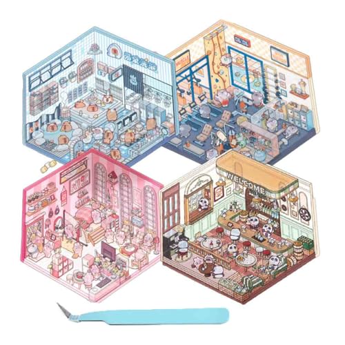 Wozad 4 Sets DIY 3D House Stickers, 3D Stickers, Fun DIY Stickers Scene Make Your Own Supermarket,Coffee Shop,Restaurant,Bookstore,Cute Korean Cartoon Scene Stickers for Adult Kids,Scene Stickers von Wozad