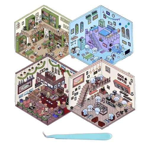 Wozad 4 Sets DIY 3D House Stickers, 3D Stickers, Fun DIY Stickers Scene Make Your Own Supermarket,Coffee Shop,Restaurant,Bookstore,Cute Korean Cartoon Scene Stickers for Adult Kids,Scene Stickers von Wozad