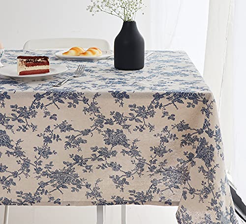 Wracra Blaue Blumenpastoral Abwaschbar Tischdecke Quadratisch Baumwolle Leinen Vintage Tischdecke 140×140cm Tischtuch Geeignet für Party Picknick Essen Garten(Blaues Blumen, Quadratisch 140×140cm) von Wracra