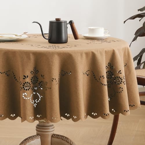 Wracra Macrame Wasserdichte Polyester Tischdecke, Knitterfreie Waschbare Tischdecken im Leinenstil für 2 bis 4 Sitzer, drinnen und draußen Tischdecke für Hochzeitsfeier und Heimdekoration (Rund,120cm) von Wracra