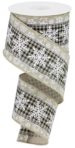 Drahtband mit Schneeflockenkaro, 6,3 cm x 9,1 m, Helles Natur, Schwarz und Weiß – Winter Weihnachten von Wreath & Bow Co.