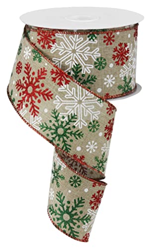 Geschenkband mit weihnachtlichen Schneeflocken aus Segeltuch – 9,1 m (Beige, Rot, Grün, Weiß, 6,3 cm) von Wreath & Bow Co.