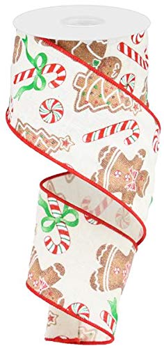 Lebkuchen-Weihnachtsband, Baumwolle, Jute, Draht, Rot, Weiß, Beige, Grün, 6,3 cm x 9,1 m von Wreath & Bow Co.