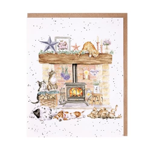 Wrendale - JCS240 - Doppelkarte mit Umschlag, The Country Set, Katzen und Hunde am Kamin There´s No Place Like Home, 17cm x 14cm von Wrendale Designs