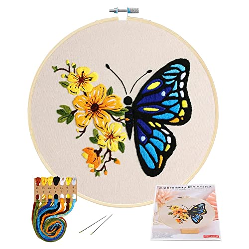 Wresetly Blumen- und Schmetterling-Druck-Stickset, Stickmuster-Set, einschließlich Stickstoffen, Bambus-Stickringe, Stiche, Hobbys für Damen von Wresetly