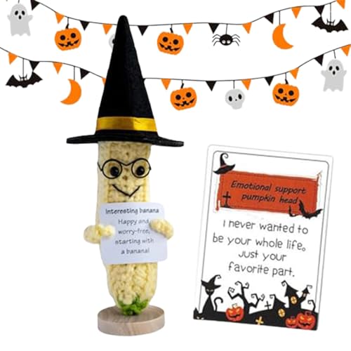 Wrohto Niedliche gestrickte positive Puppen, Halloween-Kürbisköpfe, lustige Häkelpuppe mit inspirierender Karte, niedliche Party-Dekorationen für Kollegen von Wrohto