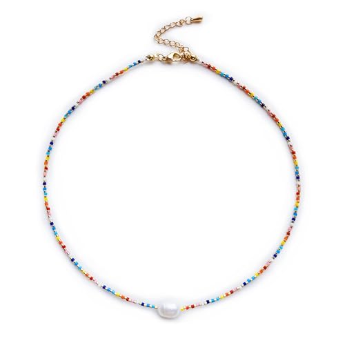 Wryhaul Regenbogen Perlenkette, Bunte Perlen Choker Halskette für Frauen, handgemachte Boho Perlen verstellbare Halskette, Trendige Bunte Perlenkette für Teenager-Mädchen, Strand-Halskette (1PCS) von Wryhaul