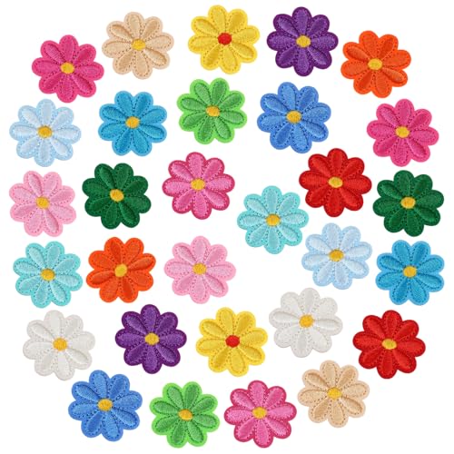 Wsimily 30 Stück niedliche Blumen zum Aufbügeln, bunte Gänseblümchen, bestickte Applikation, Aufnäher, Dekoration, Flicken, Reparaturflicken für Taschen, Röcke, Hüte, Kleidung von Wsimily