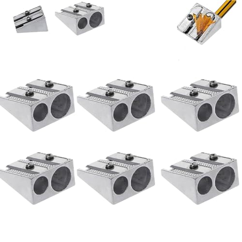 Silber-Magnesium-Bleistiftspitzer, Überleben, 2-Loch-Bleistiftspitzer, Magnesium-Legierung, Keilprofil, Bleistiftspitzer, Magnesium, Schreib- und Korrekturbedarf, Metall-Bleistiftspitzer, 6 Stück von WsjiaboFux