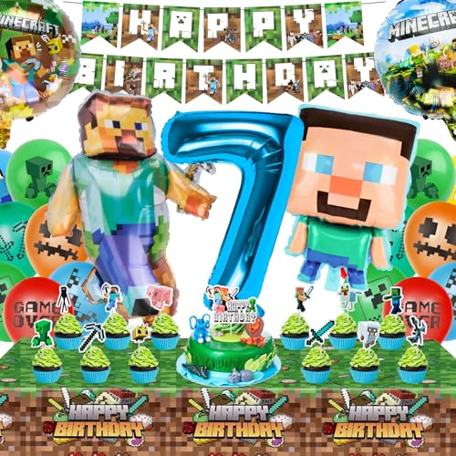 Luftballons Geburtstag Kinder, Mine-Craft Geburtstagsdeko 7 Jahre Junge Mädchen, Mine-Craft Spielthema Partyzubehör Set Enthält Happy Birthday Banner Luftballons Tischdecke Party Deko Set von WuGU