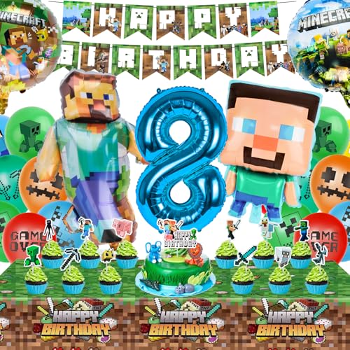 Luftballons Geburtstag Kinder, Mine-Craft Geburtstagsdeko 8 Jahre Junge Mädchen, Mine-Craft Spielthema Partyzubehör Set Enthält Happy Birthday Banner Luftballons Tischdecke Party Deko Set von WuGU