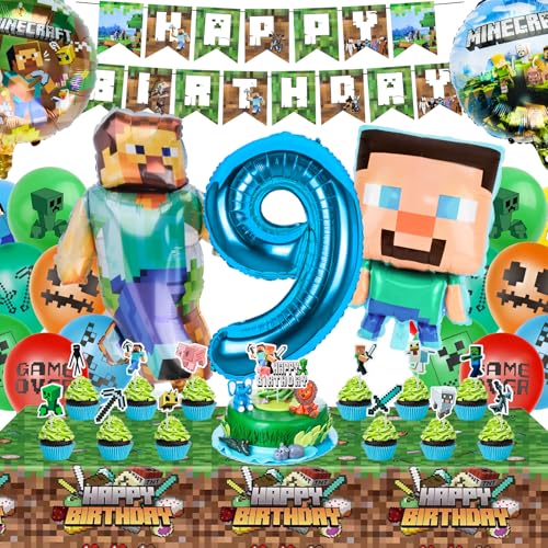 Luftballons Geburtstag Kinder, Mine-Craft Geburtstagsdeko 9 Jahre Junge Mädchen, Mine-Craft Spielthema Partyzubehör Set Enthält Happy Birthday Banner Luftballons Tischdecke Party Deko Set von WuGU