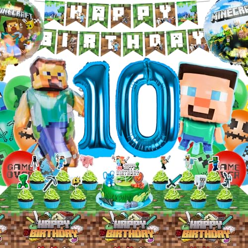 Luftballons Geburtstag Kinder, Mine-Craft Geburtstagsdeko 10 Jahre Junge Mädchen, Mine-Craft Spielthema Partyzubehör Set Enthält Happy Birthday Banner Luftballons Tischdecke Party Deko Set von WuGU