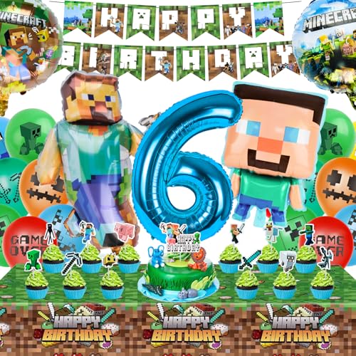 Luftballons Geburtstag Kinder, Mine-Craft Geburtstagsdeko 6 Jahre Junge Mädchen, Mine-Craft Spielthema Partyzubehör Set Enthält Happy Birthday Banner Luftballons Tischdecke Party Deko Set von WuGU