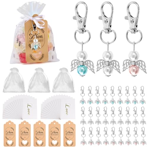 WuGU 30 Stück Schutzengel Anhänger, Gastgeschenke Hochzeit mit Organza Tasche, Kraftpapier Anhänger und Glückwunschkarte,Schutzengel schlüsselanhänger für Taufe, Geburtstag, Weihnachten von WuGU