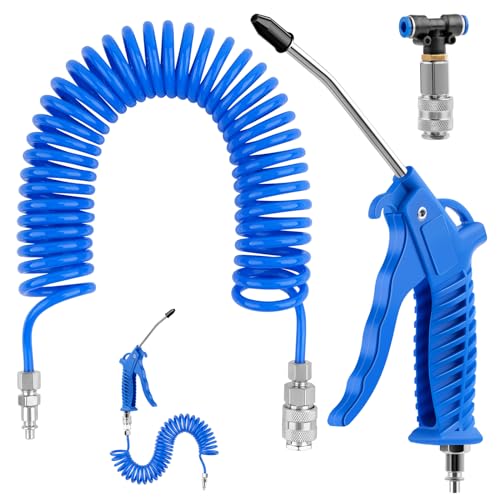 WuGU Ausblaspistole Druckluftpistole, LKW Luftpistole Druckluft mit 5M Spiralschlauch, Air Duster Blaspistole mit T Stück Schnellkupplung Zubehör (Blau) von WuGU