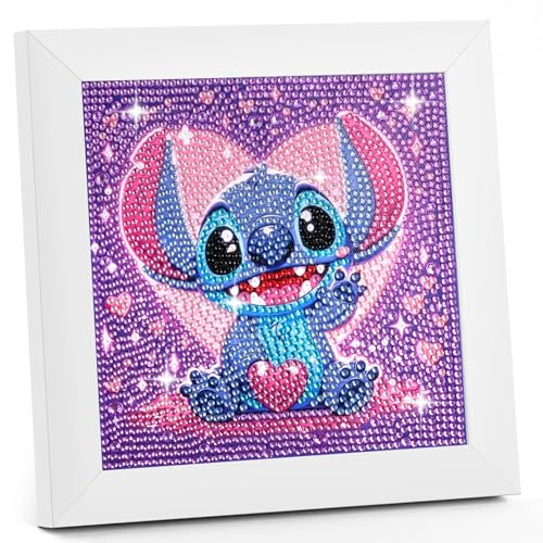 WuGU DIY Stitch Diamond Painting Set mit Rahmen, 5D Diamond Painting Mädchen, DIY Diamant-Malerei für Kinder Geschenk, Stitch Diamond Painting für Kinder ab 6-12 Jahre-18x18cm von WuGU