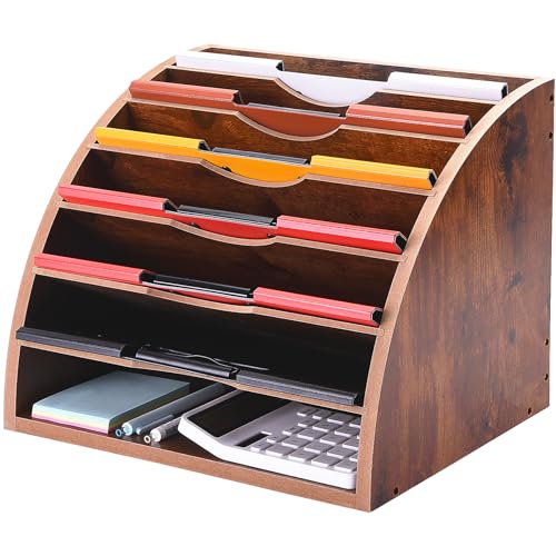 WuGeShop Fächerförmiger Schreibtisch-Akten-Organizer, 7 Fächer, Holz-Papier-Organizer, Aufbewahrung, Aktenordner, rustikaler Schreibtisch-Papier-Briefablage, Zeitschriftenständer für Zuhause, Büro, von WuGeShop