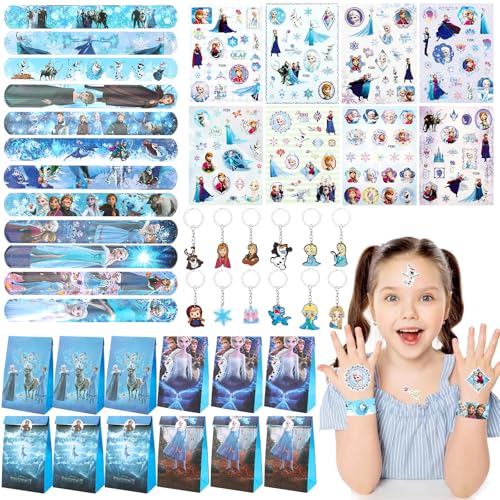 Frozen anna und elsa party spielzeug mitgebsel set, Elsa geburtstagsparty deko, Inklusive 12 Frozen Schnapparmband Kinder, 50 Aufkleber Frozen, 12 Frozen Schlüsselanhänger, 12 Frozen Geschenktüte von Wubushan