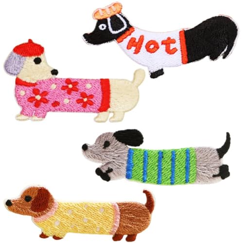 Wudaizhi 4-teiliger Hot-Dog-aufnäher Zum Aufbügeln | Lustige Hunde-Stickerei-Patch, Lustiger Aufnäher Zum Aufbügeln, Hunde-aufnäher Zum Aufbügeln, Fast-Food-Patch, Hund, Dackel-Abzeichen von Wudaizhi