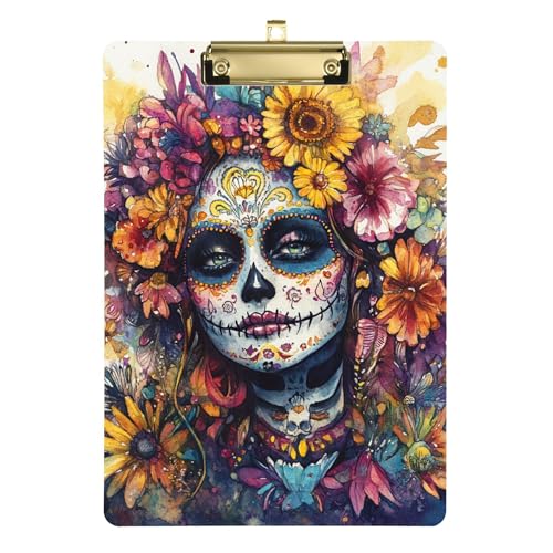 Dia De Los Muertos mexikanische Klemmbrett-Mappe, A4, 31,8 x 22,9 cm, Metall-Klemmbrettmappe mit flachem Profil-Clip für Softball-Trainer, Klassenzimmer von Wudan