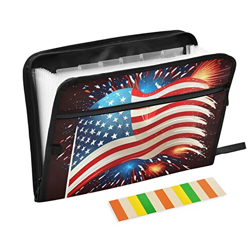 Fächermappe mit USA-Flagge und Feuerwerk, schwarz, 13 Fächer, A4-Papier, Dokumenten-Organizer, Ordner mit Reißverschluss, für Büro, Lehrer, Studenten, Bibliothek, Krankenschwester, Geschenke von Wudan